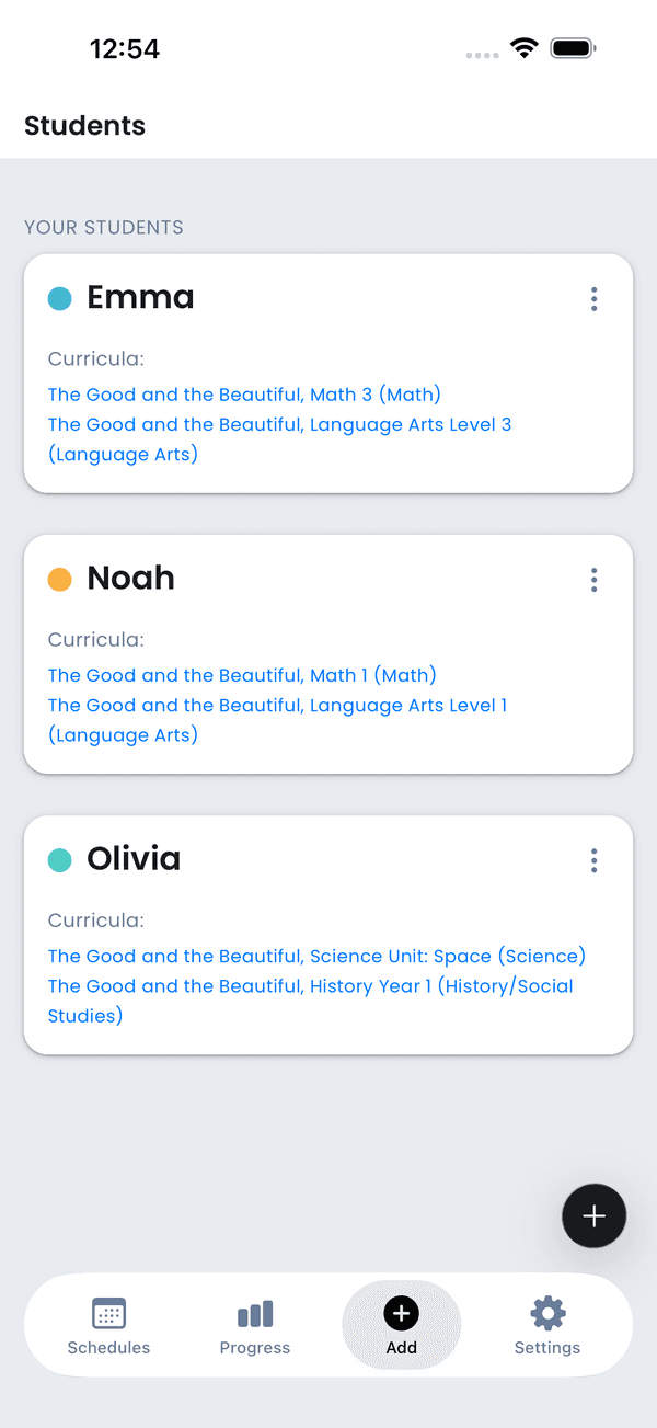 Adding a new student screen