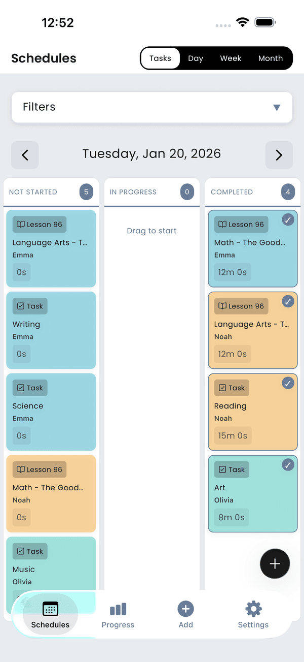 App home screen showing student schedules